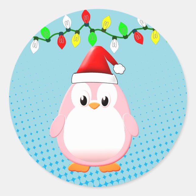Pegatina Redonda Personalizado lindo Navidades de pingüino de Santa (Anverso)