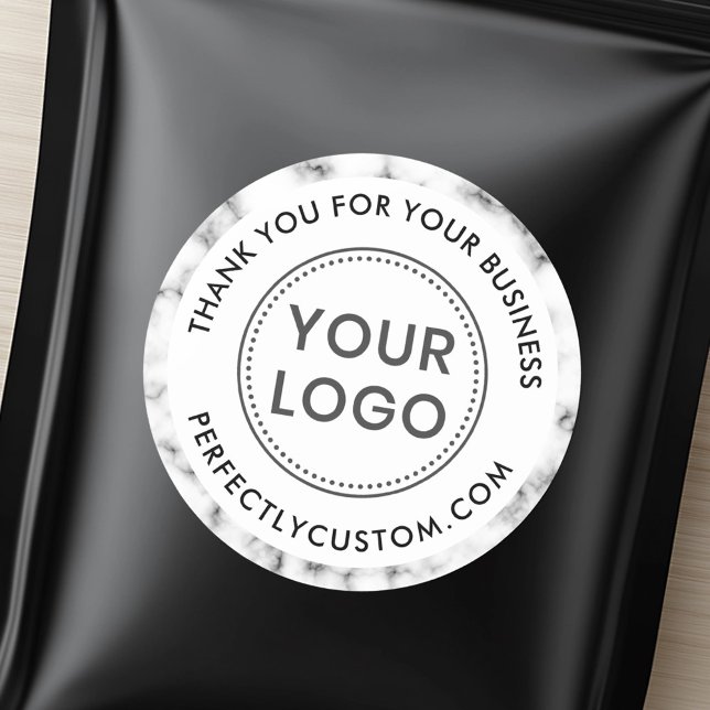 Pegatina Redonda Personalizado logo mármol borde negocios gracias (Custom logo marble border business thank you classic round sticker)