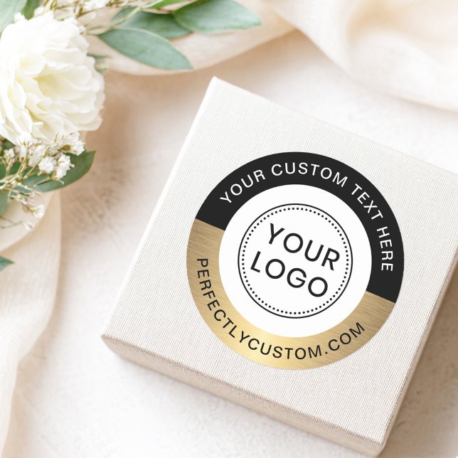 Pegatina Redonda Personalizado logo texto borde dorado negro (Round sticker with black and faux golden border and your custom logo and text)