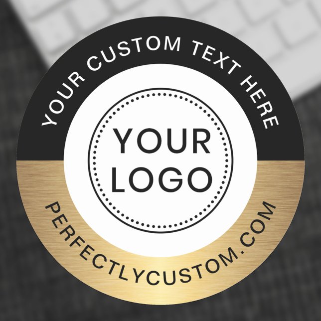 Pegatina Redonda Personalizado logo texto borde dorado negro (Custom logo sticker with black and golden gradient border)