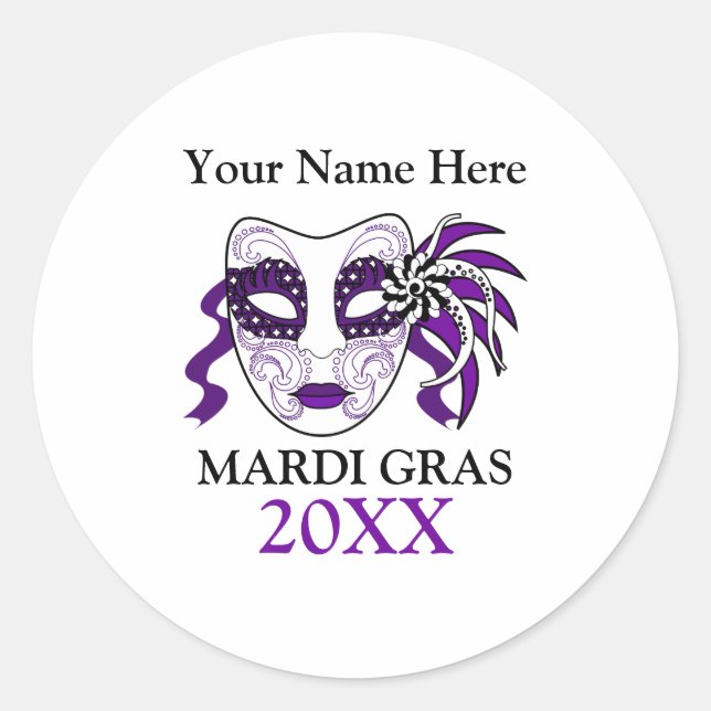 Pegatina Redonda Personalizado Mardi Gras con máscara de festival (Anverso)