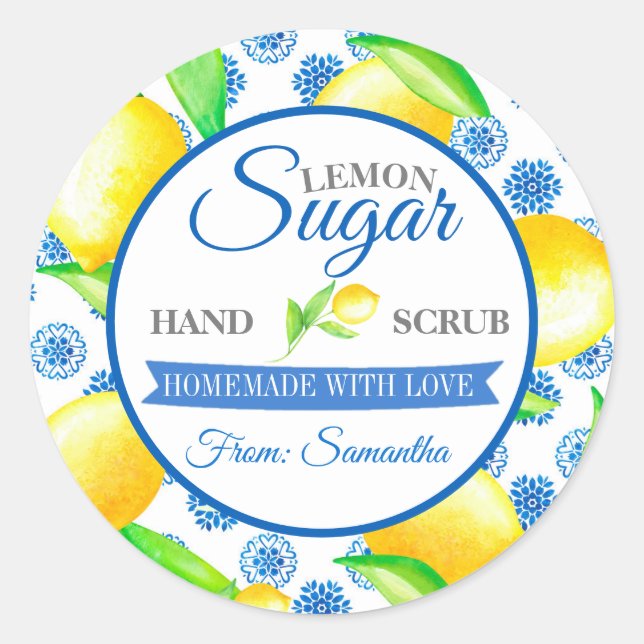 Pegatina Redonda Personalizado Mason Jar Lemon Sugar Scrub Labs (Anverso)