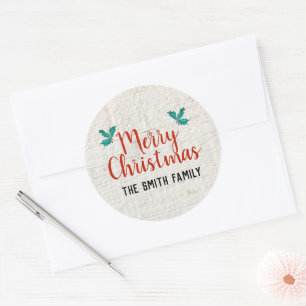 Pegatina Redonda Personalizado Merry Christmas Holly Design