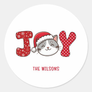Pegatina Redonda Personalizado Merry Christmas Kitty Cat " JOY "