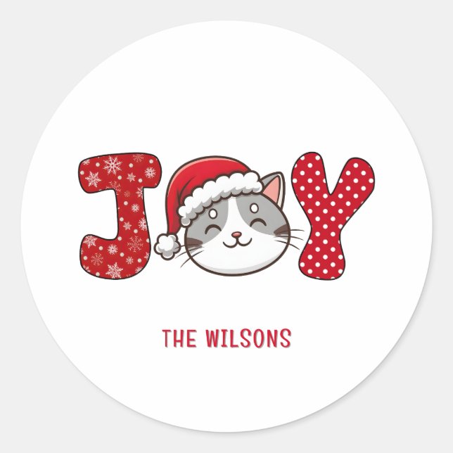 Pegatina Redonda Personalizado Merry Christmas Kitty Cat " JOY " (Anverso)