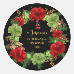 Pegatina Redonda Personalizado MERRY CHRISTMAS Wreath Black Return 