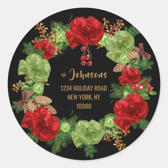 Pegatina Redonda Personalizado MERRY CHRISTMAS Wreath Black Return  (Anverso)