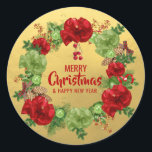 Pegatina Redonda Personalizado MERRY CHRISTMAS Wreath Green GOLD<br><div class="desc">Añada estas vacaciones personalizadas de Navidades de oro rojo y rojo negro y felices pegatinas de año nuevo a sus tarjetas de felicitación,  sobres o regalos. Navidades con arcos,  pinos y adornos. Texto editable - color,  fuente y tamaño.</div>