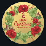 Pegatina Redonda Personalizado MERRY CHRISTMAS Wreath Green GOLD<br><div class="desc">Añada estas vacaciones personalizadas de Navidades de oro rojo y rojo negro y felices pegatinas de año nuevo a sus tarjetas de felicitación,  sobres o regalos. Navidades con arcos,  pinos y adornos. Texto editable - color,  fuente y tamaño.</div>