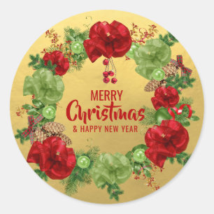 Pegatina Redonda Personalizado MERRY CHRISTMAS Wreath Green GOLD