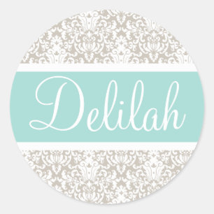 Pegatina Redonda Personalizado Mint Tan White Damask