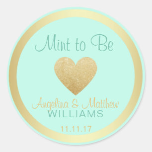 Pegatina Redonda Personalizado Mint to Be Mint Gold Purpurina Heart