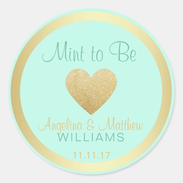Pegatina Redonda Personalizado Mint to Be Mint Gold Purpurina Heart (Anverso)