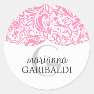 Pegatina Redonda Personalizado moderno Damask Pink