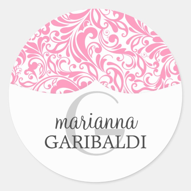 Pegatina Redonda Personalizado moderno Damask Pink (Anverso)