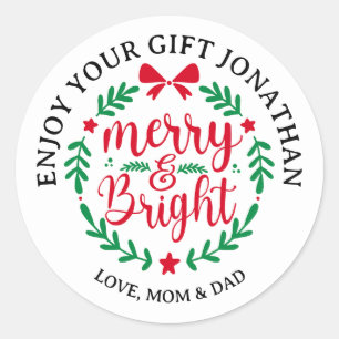 Pegatina Redonda Personalizado Moderno Guión Merry Y Bright