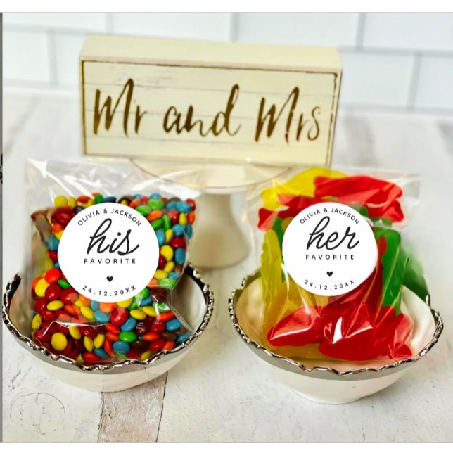 Pegatina Redonda Personalizado moderno Su Boda favorito Texto negro (Modern Personalized His or Her wedding favorite round sticker)