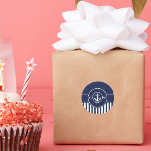 Pegatina Redonda Personalizado Monograma Anclaje y línea náutica 