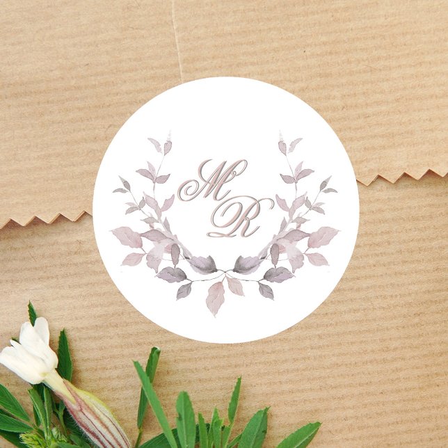 Pegatina Redonda Personalizado monograma Boda rosa Rubor (Blush pink monogram motif wedding stickers. )