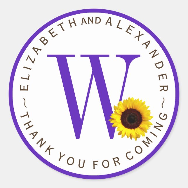 Pegatina Redonda Personalizado Monograma Circular Girasol Gracias (Anverso)