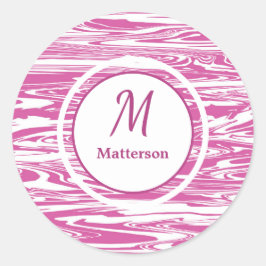 Pegatina Redonda Personalizado monograma del patrón blanco rosado m