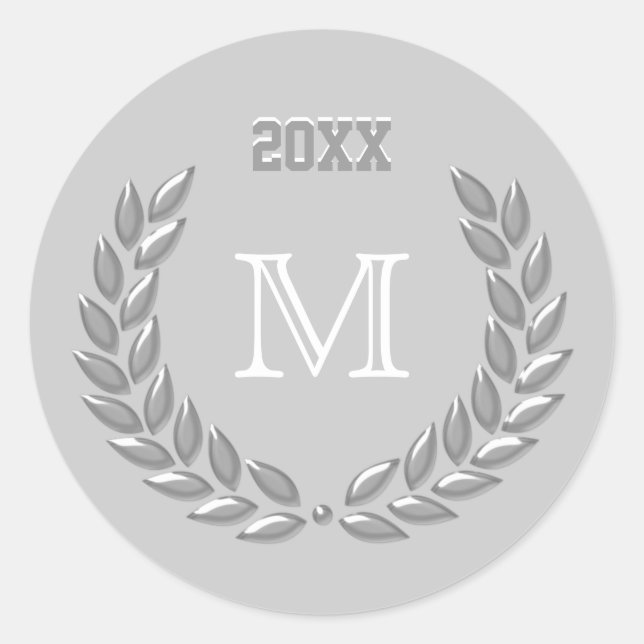 Pegatina Redonda Personalizado Monograma Gris claro Laurel Wreath (Anverso)