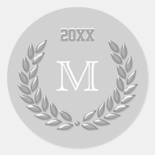 Pegatina Redonda Personalizado Monograma Gris claro Laurel Wreath