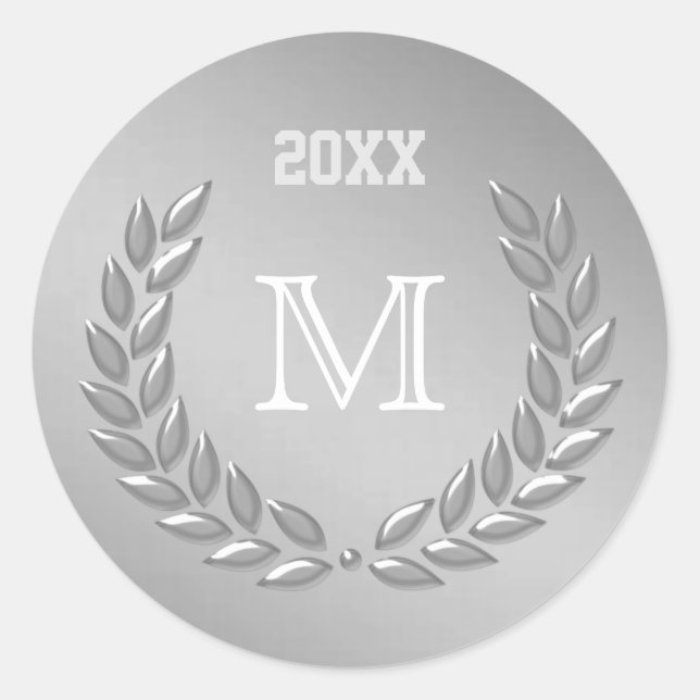 Pegatina Redonda Personalizado Monograma Gris Gris Gris Wreath (Anverso)