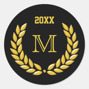 Pegatina Redonda Personalizado Monograma Laurel sobre el negro