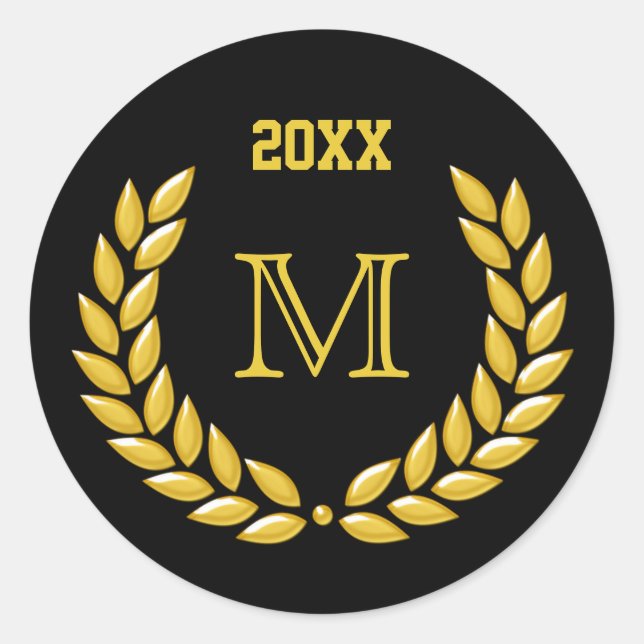 Pegatina Redonda Personalizado Monograma Laurel sobre el negro (Anverso)