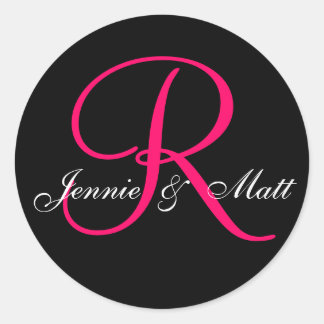 Pegatina Redonda Personalizado Monograma Novia Groom Nombres Rosa