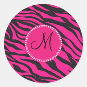 Pegatina Redonda Personalizado Monogramado inicial Cebra negra rosa