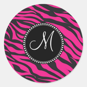 Pegatina Redonda Personalizado Monogramado inicial Cebra negra rosa