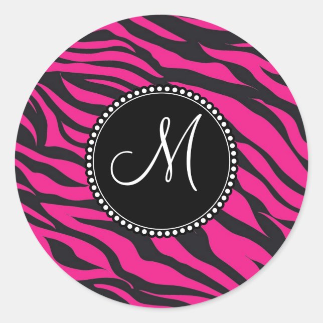 Pegatina Redonda Personalizado Monogramado inicial Cebra negra rosa (Anverso)