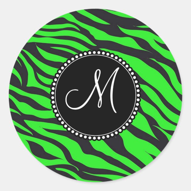 Pegatina Redonda Personalizado Monogramado inicial Neon Green Cebra (Anverso)