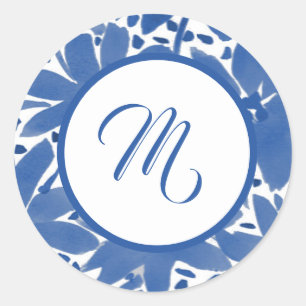Pegatina Redonda Personalizado Monogramed Blue Inicial