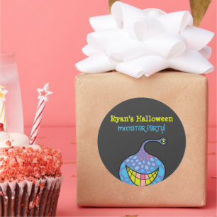 Pegatina Redonda Personalizado Monstruo púrpura Alien partido Hallo