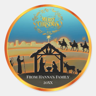 Pegatina Redonda Personalizado Natividad de Oro "Feliz Navidad"