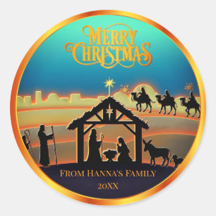 Pegatina Redonda Personalizado Natividad de Oro "Feliz Navidad"