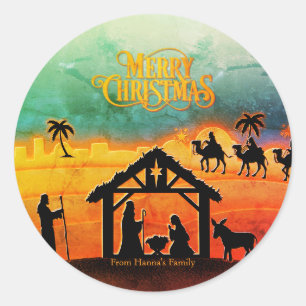 Pegatina Redonda Personalizado Natividad de Oro "Feliz Navidad"