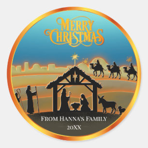 Pegatina Redonda Personalizado Natividad de Oro "Feliz Navidad"