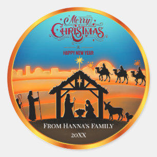 Pegatina Redonda Personalizado Natividad de Oro "Feliz Navidad"