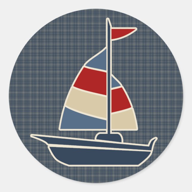 Pegatina Redonda Personalizado Nautical Blue, Red, Cream Sailboat (Anverso)