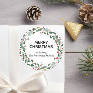 Pegatina Redonda Personalizado Navidades elegantes Wreath Nombre de