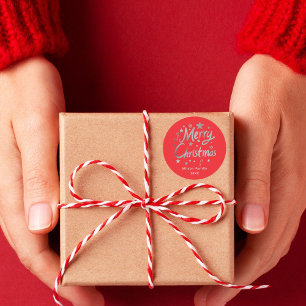 Pegatina Redonda Personalizado navideño moderno de guion rojo merry