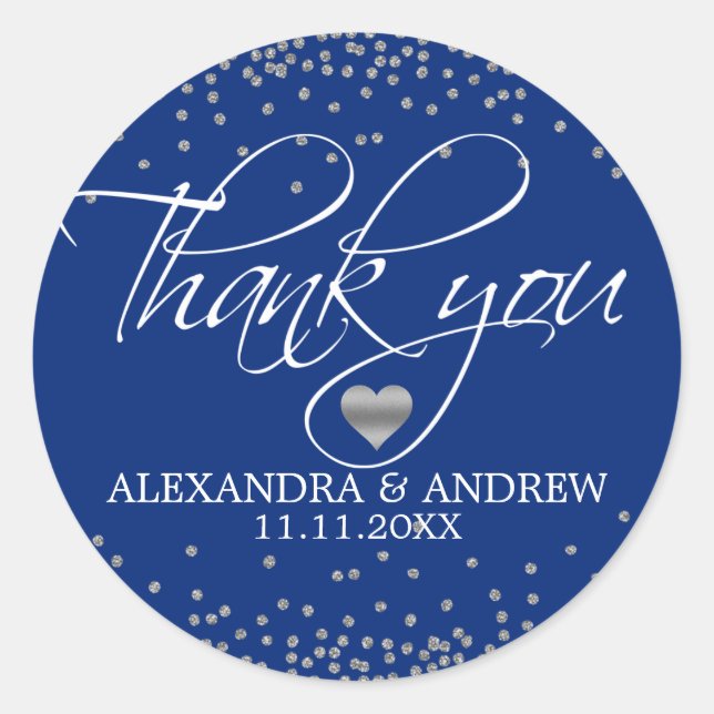 Pegatina Redonda Personalizado Navy Blue Silver Confetti Boda Graci (Anverso)