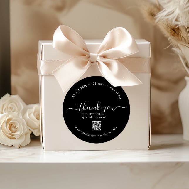 Pegatina Redonda Personalizado Negro Gracias Pegatinas Con Código Q (Black Custom Thank You Stickers With QR Code)