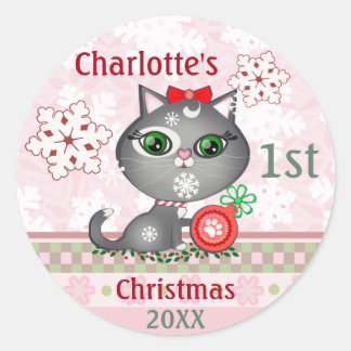 Pegatina Redonda Personalizado Niña Gato Primera Navidad