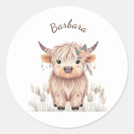 Pegatina Redonda Personalizado Nombre Cute Moderno Boho Highland Co