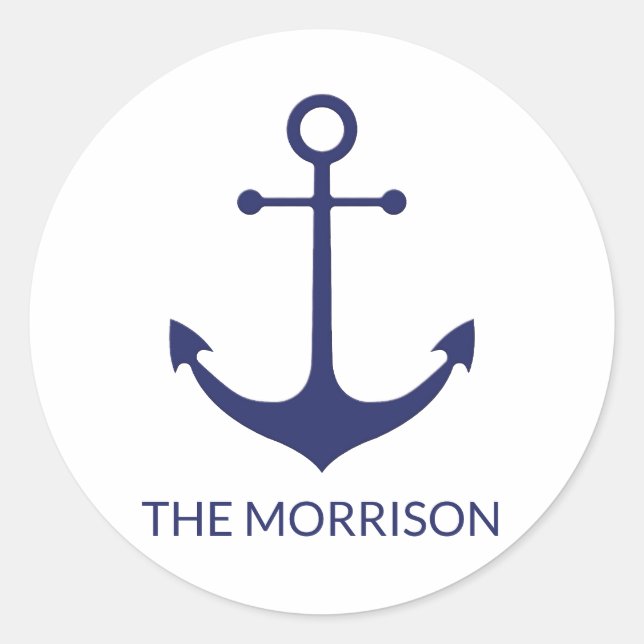 Pegatina Redonda Personalizado Nombre del barco ancla náutica azul  (Anverso)